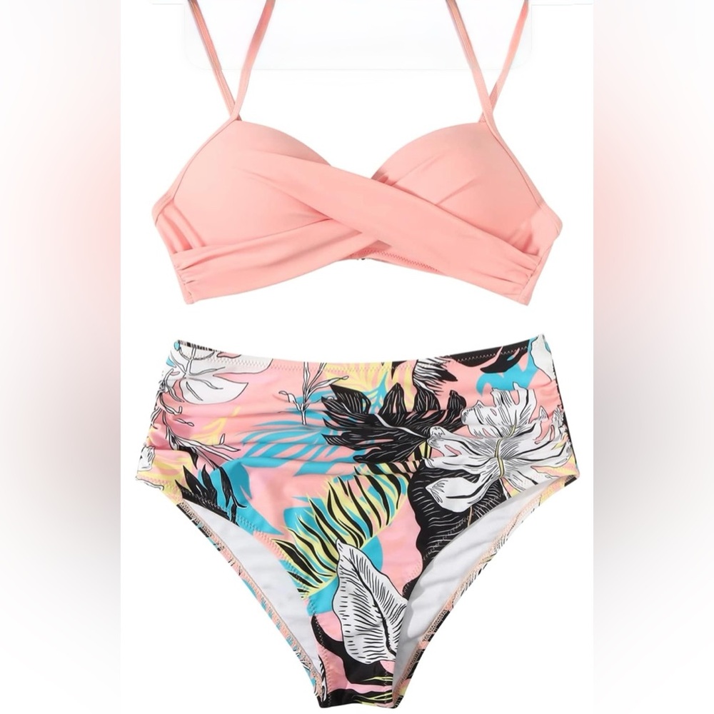SUUKSESS Pink Tropical Floral Twist Push Up High Waisted 2pc Sexy Swimsuits S
